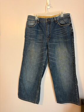 Plugg Denim Y2K Blue Wash Whiskering Straight Wider Leg Jeans size 36